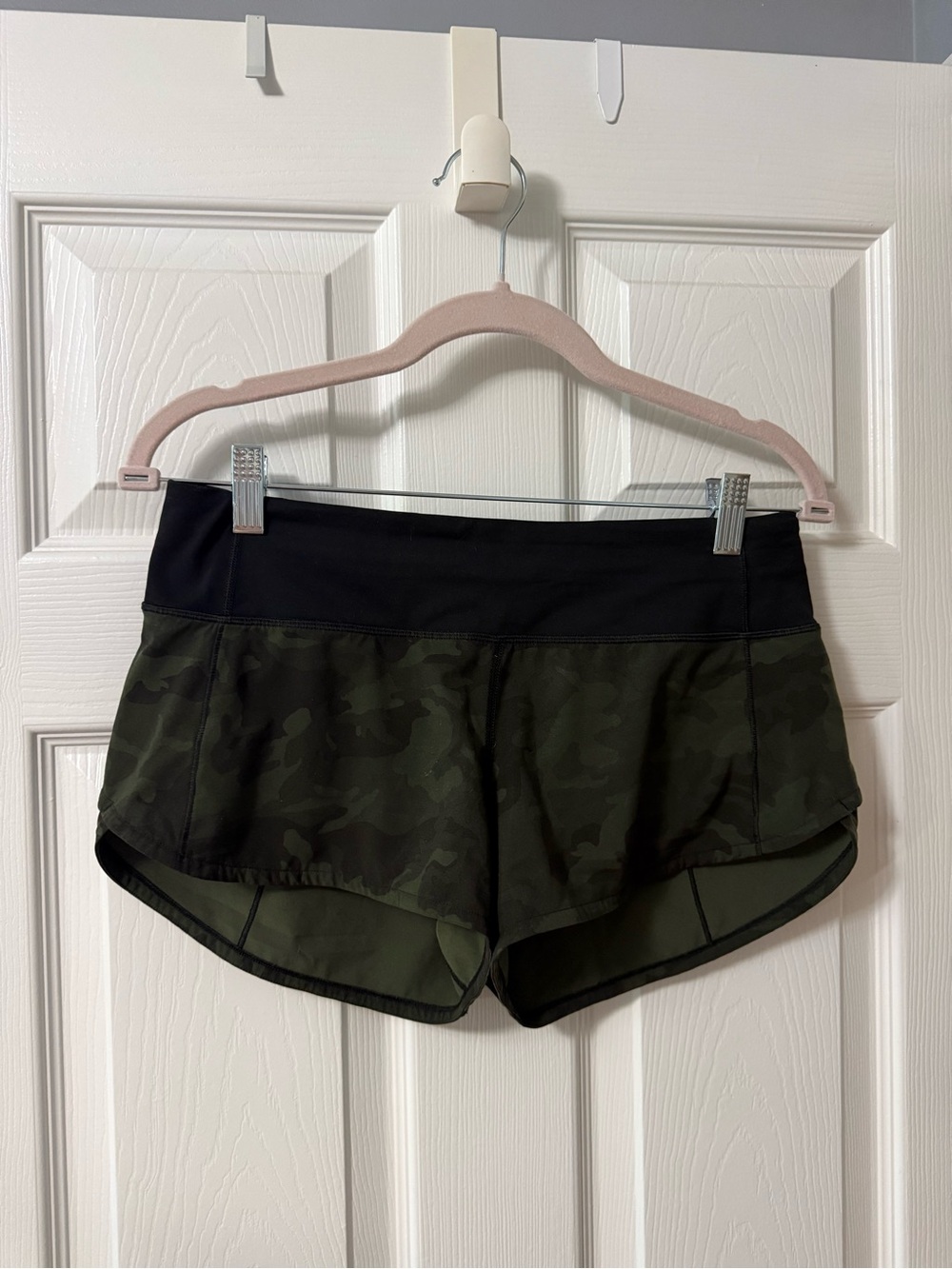 lululemon athletica Olive Camo Athletic Shorts with Black Waistband